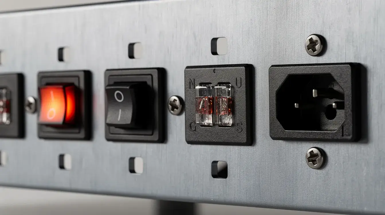 A close-up image showcases various power entry modules mounted on a metal equipment panel